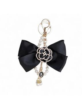 Bag Charm Keychain, Bow-Knot keychain with Pearl Black
